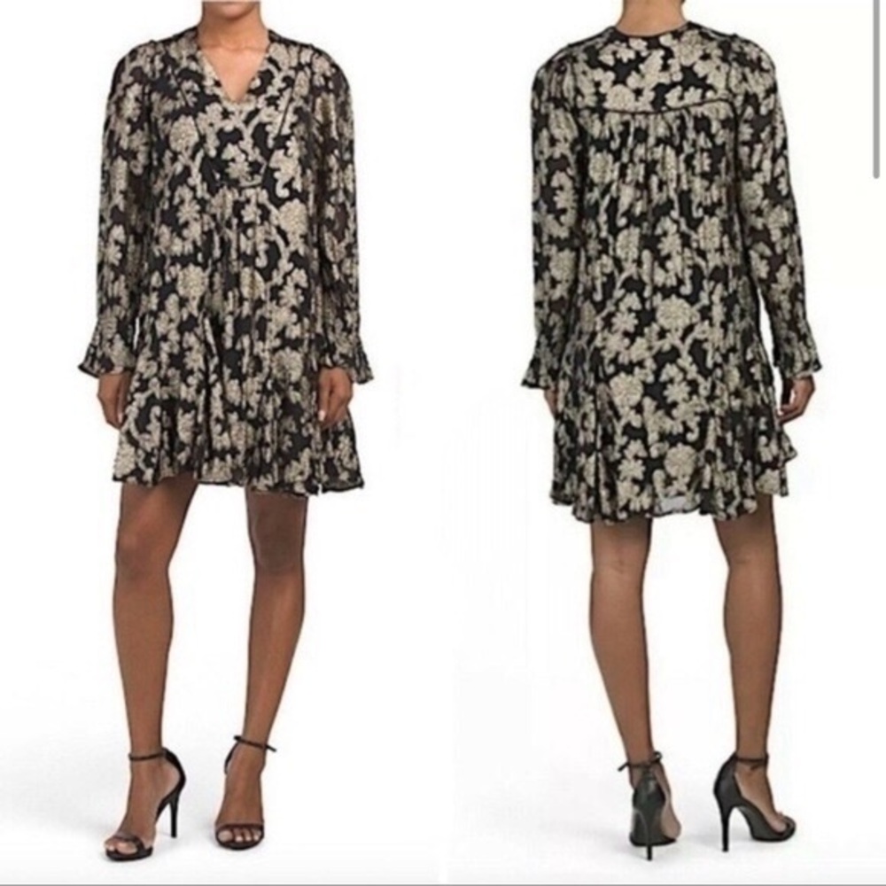 Anthropologie Gold Foil Metallic Black Long Sleeve Tunic Shirt Dress Size Large
